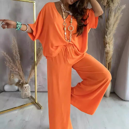 Women's Two-Piece Set – Deep V-Neck Top – Wide Pants – Relaxed Fit – Breathable Fabric