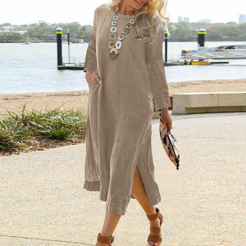 Women's Shirt Dress – Relaxed Fit – Lightweight Woven – Midi Length – Long Sleeves – Split