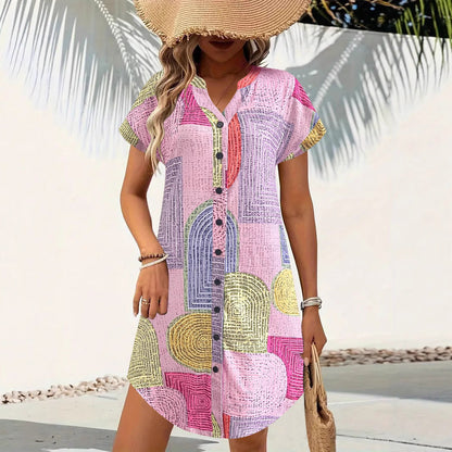 Dress for Women – Loose Fit – V-Neck – Front Buttons – Short-Sleeved – Geometric Pattern