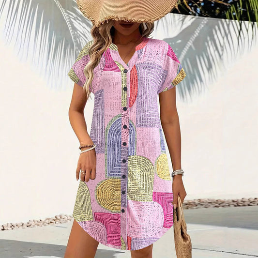 Dress for Women – Loose Fit – V-Neck – Front Buttons – Short-Sleeved – Geometric Pattern