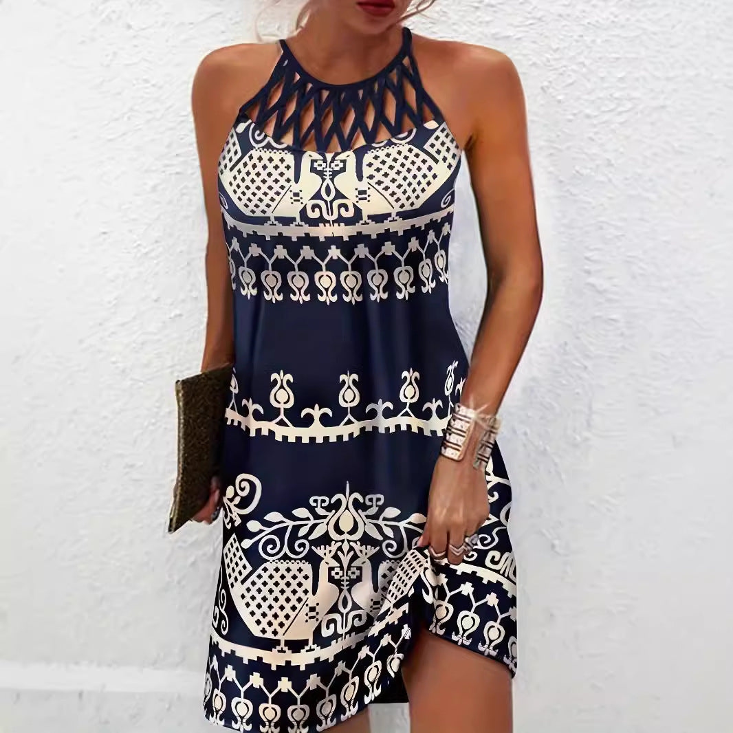 Dress woman – Halterneck – Slim fit – Cut-out details – Leaf pattern – Mini length