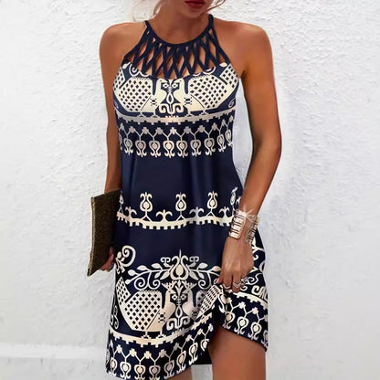 Dress woman – Halterneck – Slim fit – Cut-out details – Leaf pattern – Mini length