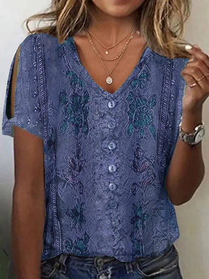 Women's Blouse – Relaxed Fit – V-Neck – Buttons – Embroidered Boho – Soft Fabric