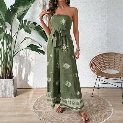 Dame Jumpsuit – Stroppeløs – Vide Ben – Bomull Linblanding – Knytebelte