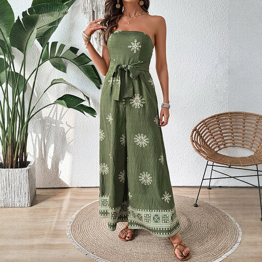 Women's Jumpsuit – Strapless – Wide Legs – Cotton Linen Blend – Tie Belt