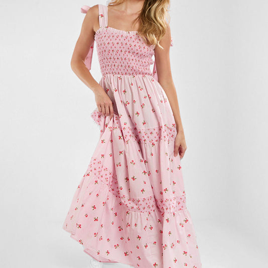 Women's Maxi Dress – Smocked Bodice – Tiered Skirt – Floral Print – Tie Straps