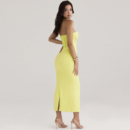 Dress for Women – Strapless Bodycon – Figure-Hugging Fit – Midi Length with Slit