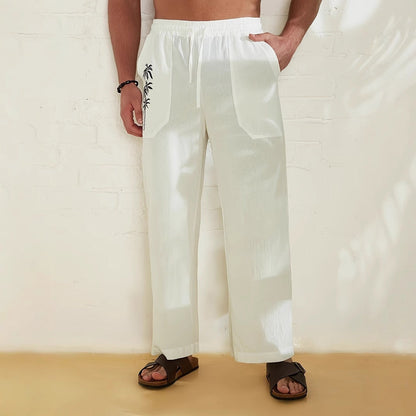 Men's Trousers with Wide Legs – Relaxed Fit – Breathable Cotton/Linen – Drawstring Waist – Palm Print on Pocket
