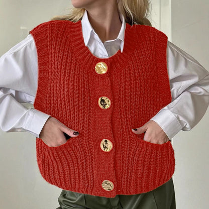 Women's Knitted Vest – Wool Blend – Oversized Fit – Ribbed Knit – Buttons – Pockets