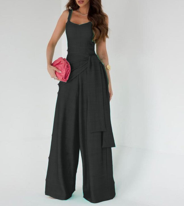 Women's Jumpsuit – Wide Leg – Sleeveless – Adjustable Waist – Linen Blend – Full Length