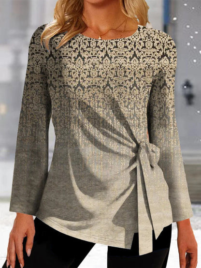 Women's Long Sleeve T-shirt – Relaxed Fit – Patterned – Side Tie Detail