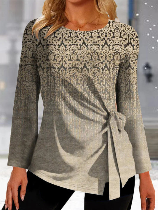 Women's Long Sleeve T-shirt – Relaxed Fit – Patterned – Side Tie Detail