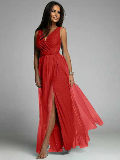 Dress for Women – Evening Dress – Slim Fit – Deep V-Neck – High Slit – Glittering Fabric