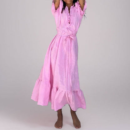 Dress for Women – Midi Length – V-Neck with Ruffles – Puff Sleeves – Waist Tie