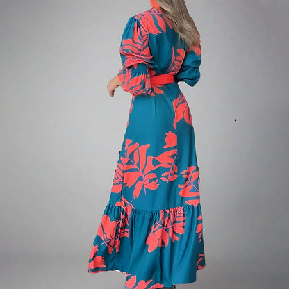 Maxi Dress Women – V-Neckline – Puff Sleeves – Belt at Waist – Draped Fit