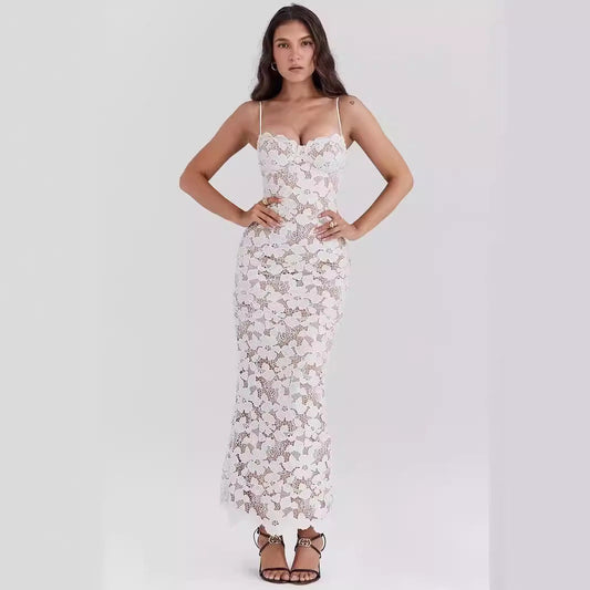 Dress for Women – Slim Fit – Ankle Length – Lace – Spaghetti Straps – Heart-Shaped Neckline