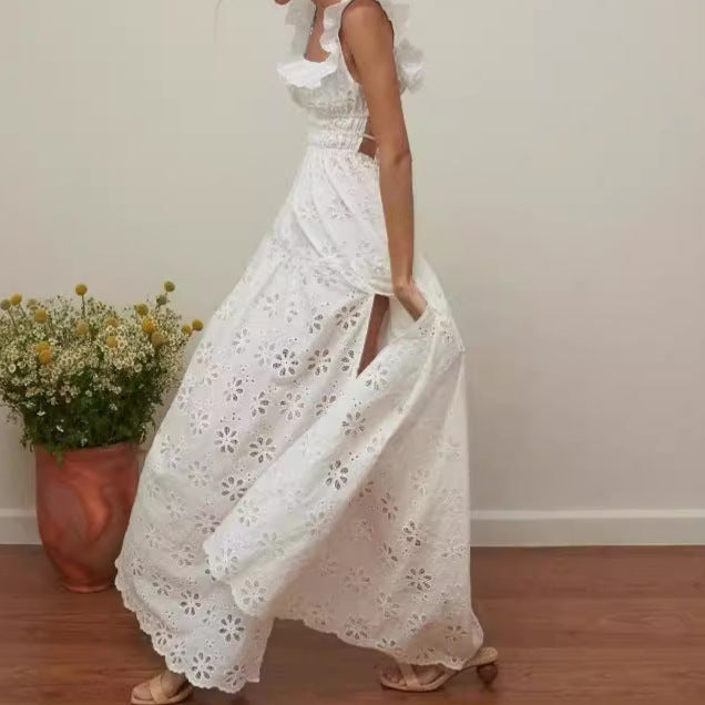 Dress woman – Sleeveless full length – Cotton embroidery – Ruffle straps – Square neckline – High slit
