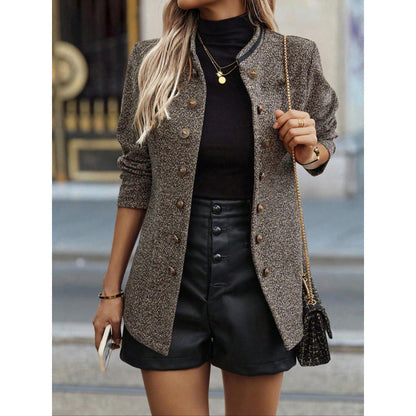 Women's Long Coat – Tailored Fit – Wool-like Texture – Double-breasted – Stand Collar