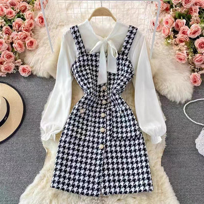 Women's Set with Pinafore Dress – Tweed – A-line – Blouse with Bow and Puff Sleeves