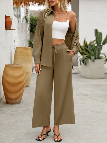 Women's Two-Piece Set – Relaxed Shirt and Wide Pants – Breathable Material