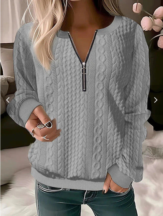 Women's Sweater – Wool Blend – Relaxed Fit – Cable Knit – Zipper Neck