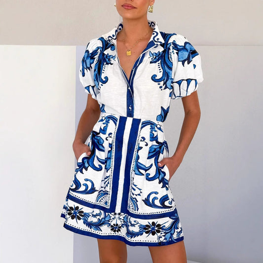 Women's Set with Mini Skirt and Puff Sleeve Top – Linen – A-Line – Buttons and Pockets