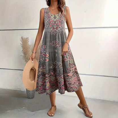 Dress woman – Sleeveless midi dress – A-line fit – U-neck – Floral print – Cotton blend