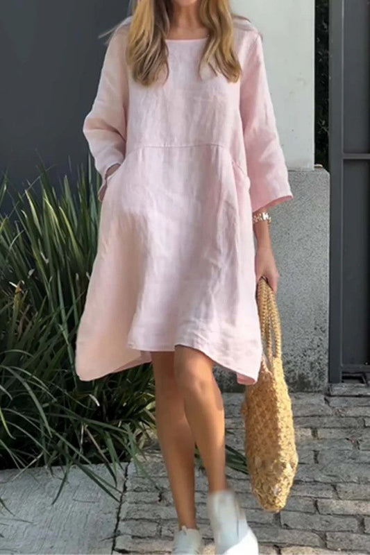 Dress woman – Loose fit – Linen and cotton – 3/4 sleeve – Knee-length – With pockets