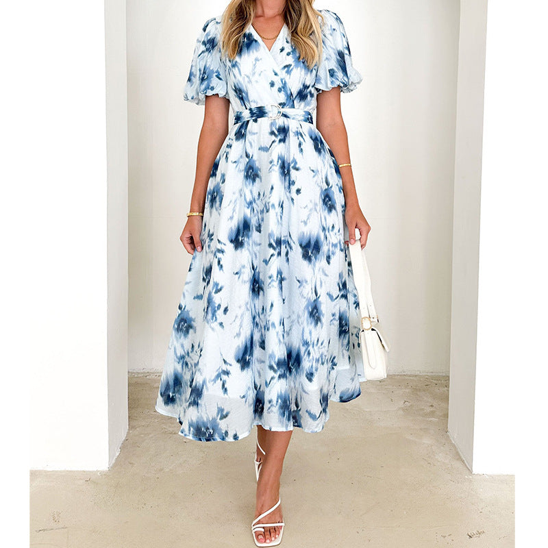 Dress for Women – Midi Length – V-Neckline – Puff Sleeves – Waistband – Light and Breathable