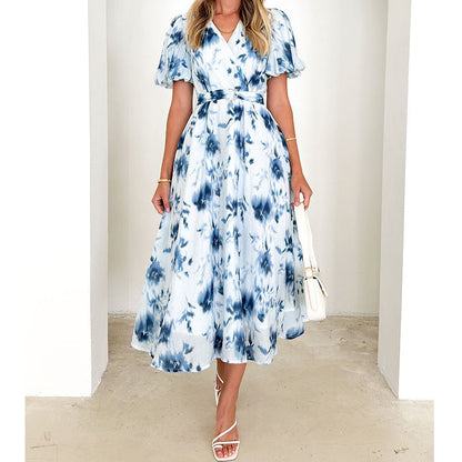 Dress for Women – Midi Length – V-Neckline – Puff Sleeves – Waistband – Light and Breathable
