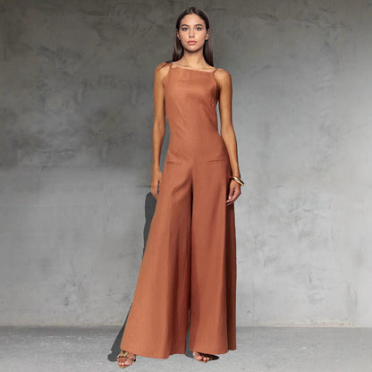 Women's Jumpsuit – Sleeveless – Wide Leg – Relaxed Fit – Cotton Linen Blend