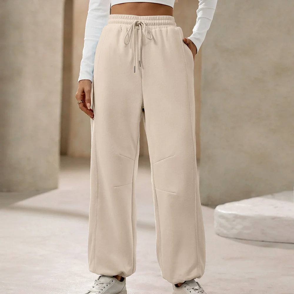 Women's Pants – Relaxed Fit – High Waist with Drawstring – Soft Cotton Feel – Full Length
