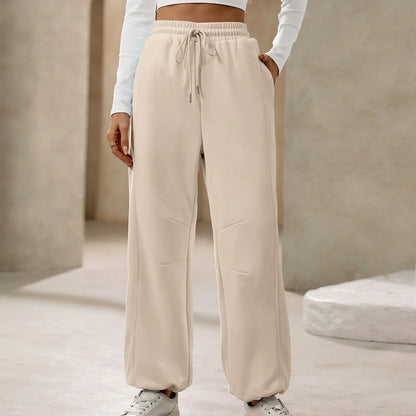 Women's Pants – Relaxed Fit – High Waist with Drawstring – Soft Cotton Feel – Full Length
