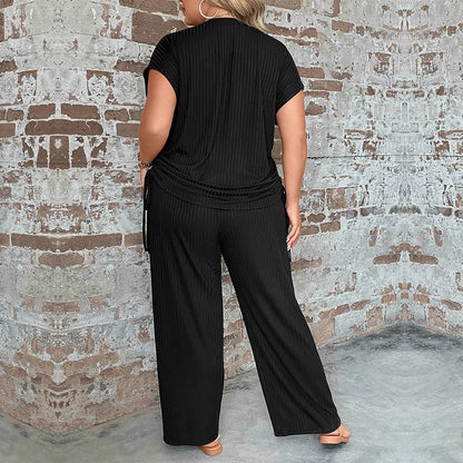 Women's Two-Piece Set – Relaxed Fit – Textured Fabric – Short Sleeves – Wide Legs
