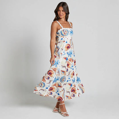 Dress woman – cotton maxi – loose fit – spaghetti straps – printed pattern