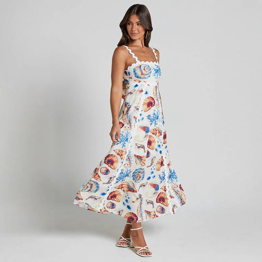 Dress woman – cotton maxi – loose fit – spaghetti straps – printed pattern