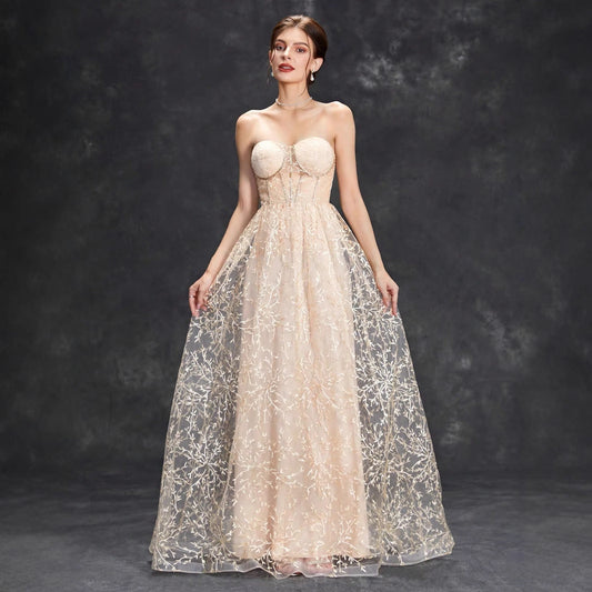 Dress for Women – Strapless Party Dress – Embroidered Tulle – A-line – Floor-length