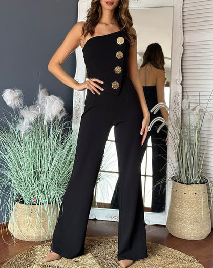 Women's jumpsuit – one shoulder – slim fit – wide legs – gold buttons