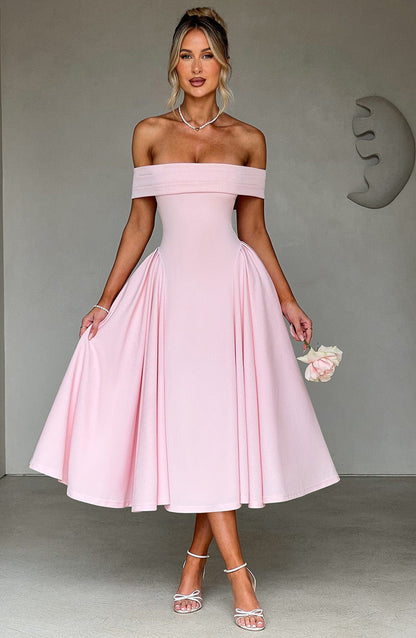 Dress woman – Off shoulder – A-line fit – Elegant formal midi length