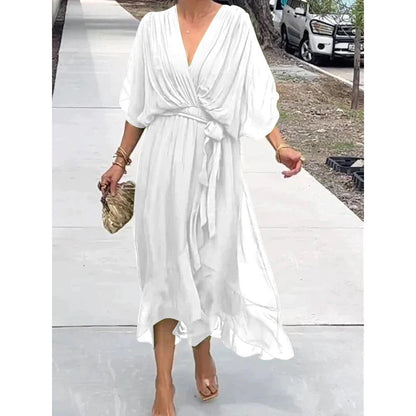 Dress for Women – Maxi – Loose Fit – Batwing Sleeves – Asymmetric Hem – Waist Tie