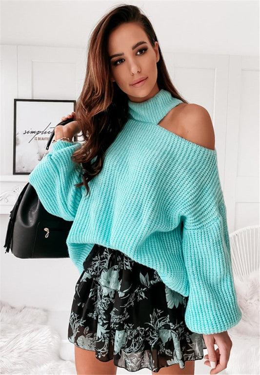 Women's Sweater – Oversized Fit – Asymmetric Shoulder – High Neck Rib Knit