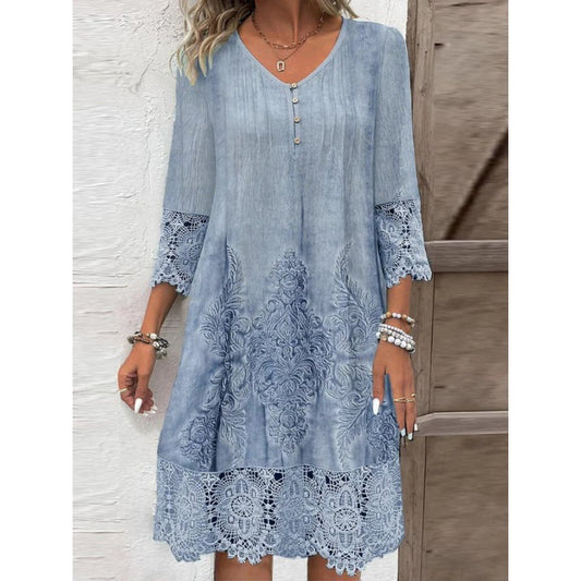 Women's Dress Midi – Loose Fit – Lace Sleeves 3/4 – V-Neck – Breathable Fabric
