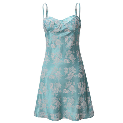 Kjole for dame – Minilengde – Slim fit – Sateng – Spagettistropper – Blomstermønster