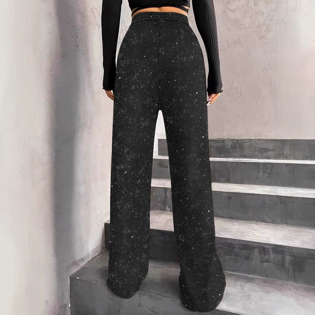 Women's Pants with Wide Legs – Glitter Details – Elastic Waist with Drawstring – Full Length