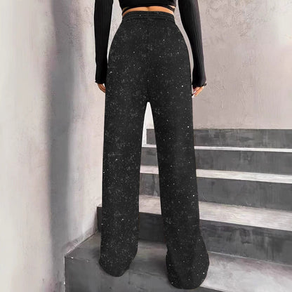 Women's Pants with Wide Legs – Glitter Details – Elastic Waist with Drawstring – Full Length