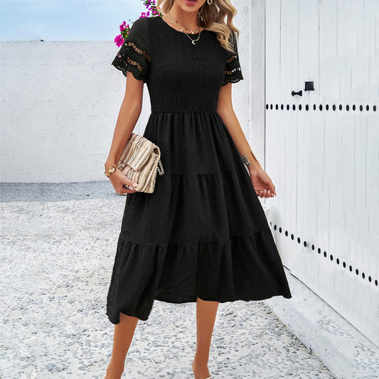 Dress for Women – Midi Length – Smocked Bodice – Tiered Skirt – Short Sleeves with Cutout