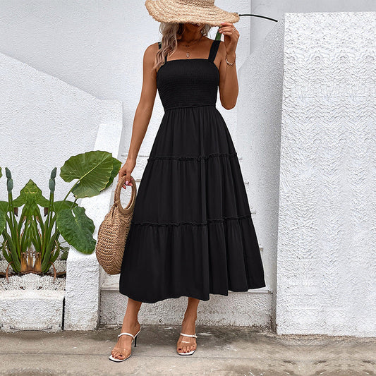 Dress woman – Sleeveless – Smocked waist – A-line shape – Soft cotton blend – Midi