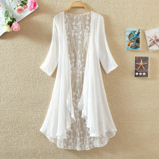 Women's Cardigan – Mid-Length – Open Front – Lace Panel – Loose Fit – Breathable Fabric