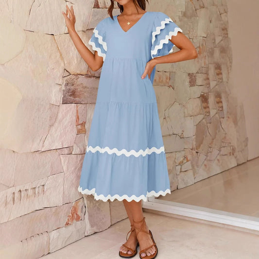 Women's midi dress – relaxed fit – v-neck – ruffle sleeves – breathable fabric