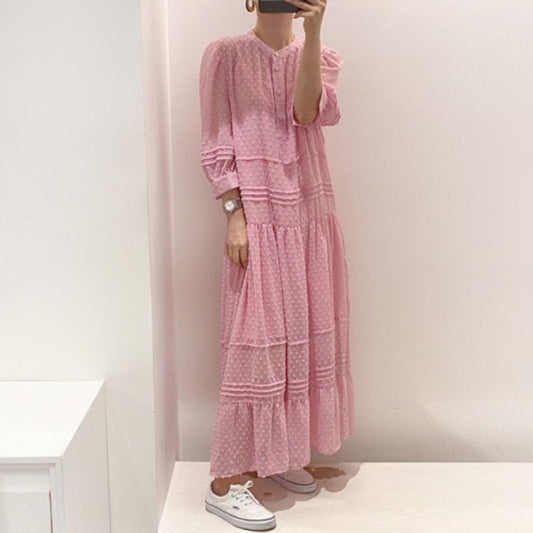 Maxi Dress for Women - Elegant Layered Design - Soft Pin Dot Pattern